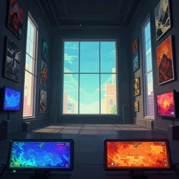 empty room of rectangular shape, with very tall windows, many pictures and screens on the walls, gameplay still frame, 4 colors, pixel art, futuristic, splash screen, level design, high contrast, background, deep focus, highly detailed, digital painting, artstation, concept art, matte, greg rutkowski, moebius.