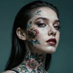 hyperrealistic hyper detailed neo-surreal 35mm portrait of cyborg covered in rococo flower tattoos matte painting concept art hannah yata very dramatic dark teal lighting low angle hd 8k sharp shallow depth of field