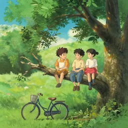two kids sitting in a tree branch, a bicicle near the tree, ghibli style