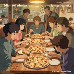 poster by Michael Whelan and Tomer Hanuka, rendering of people inspecting pizza, full of details, by Makoto Shinkai and thomas kinkade, Matte painting, trending on artstation and unreal engine