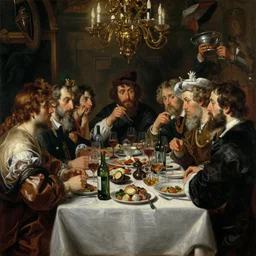 dinner party oil painting by jan matejko, 2 1 st century, art, oil on canvas, wet - on - wet technique, pay attention to facial details, baroque, realistic, intricate detail, dynamic lighting, expressive emotions, intricate textures, illusionistic detail,
