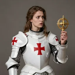 portrait of a woman, in white armor of red crosses, is ( dumbfounded by a divine artifact ), by nikolay makovsky.