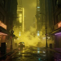 cyberpunk streets at night with yellow smog, hyperdetailed, hyperrealistic, cinematic lights, octane render, trending on artstation, artstationHD, artstationHQ, unreal engine