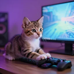 a little cat kitten playing videogames with the computer
