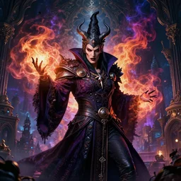 high fashion, beautiful mid body portrait of a middle aged, evil powerful wizard mage, intricate colorful cosmic uncontrollable smoke and firework magic battle, skyrim, witcher, rococo baroque gothic oriental eastern victorian cyberpunk city vista, artstation, style of andreas rocha, hiroshi nagai