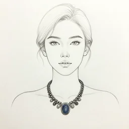 one line art drawing of a woman's portrait, wearing a photo realistic necklace
