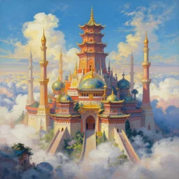 a vibrant ancient mosque pagoda castle utopia dream in the clouds by james gurney, bruce pennington, donato giancola, trending on artstation, cinematic composition, beautiful lighting, hyper detailed, 8 k, oil on canvas