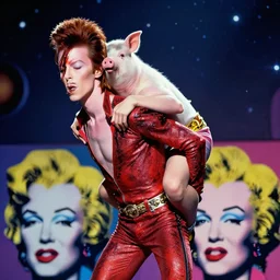 david bowie giving a piggy back ride to ziggy stardust. glam rock. cosmic. psychedelic. sharp focus. andy warhol.