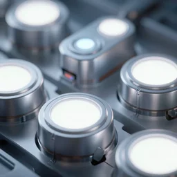 close - up cinematic shot of glowing circular cyborg nodes, battery ports encased in silver, white central glow around blue ring, hyper detailed schematics neural sci fi, high octane cybernetics, featured on cgsociety, ultra 4 k concept