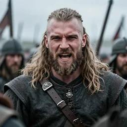 a realistic photograph of a rugged viking man celebrating after a brutal battle, highly detailed, portrait, close - up,