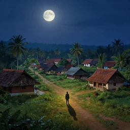 moonlit kerala village, sharp focus, wide shot, trending on ArtStation, masterpiece, by Greg Rutkowski, by Ross Tran, by Fenghua Zhong, octane, soft render, ultrarealistic, colorful, cinematic, shadow of the tomb rider
