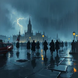 a beautiful painting of rainy victorian london at dusk by greg rutkowski, brushstrokes, brushstroke - laden, featured on artstation, thunderstorm and bolts of lightning, wet concrete, puddles of water, dramatic composition, dark night, dark blue hue, medieval soldiers marching, medieval soldiers marching, medieval soldiers marching, volumetric fog, vertical orientation