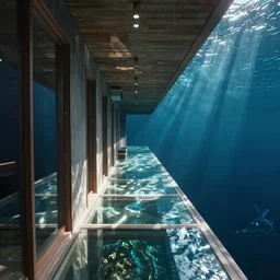 hallway with glass floor looking into deep water,