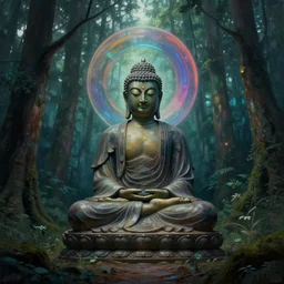 a buddha statue sitting in the middle of a forest, cyberpunk art by Mike Winkelmann, trending on cgsociety, metaphysical painting, tesseract, rendered in unreal engine, mystical