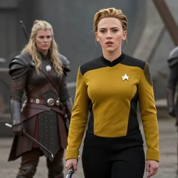 starfleet uniform, scarlett johansson, in starfleet uniform, playing lagertha in a scene from the tv series vikings