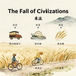 The Fall of Civilizations on Rice Paper in a Japanese Water Color style