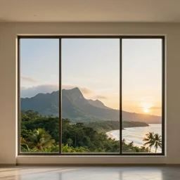 big window, mountains in background, cloud forest in background, tropical beach in background, sunset, warm golden hour lighting, holiday vibes, living room, furniture, IKEA catalogue, futuristic, ultra realistic, ultra detailed, cinematic light, anamorphic, wooden floored balcony, by Paul Lehr