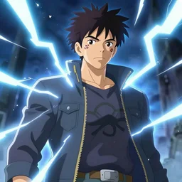 an epic anime of a man surrounded by lightning bolts, big jacket, face tattoos, ghibli, unreal 5, octane render, rpg portrait, dynamic lighting, epic, epic anime, 2 d