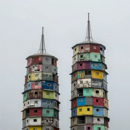two colourful towers, made up of stacked makeshift squatter shacks, bleached colours, plain uniform sky at the back, misty, mamiya, f 1. 8, ultra sharp, very detailed, photographed by julie blackmon