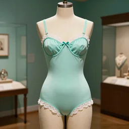the film still photographed image is a vintage all in one combination from the 1 9 4 0 s. the undergarment is inspired by teal mint cottagecore. it is displayed on a mannequin in a museum exhibit. vibrant cinematography, anamorphic lenses, upscale, hyper realistic photo, crisp, detailed image in 8 k resolution.