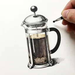 coffee french press hand drawn ink on paper, high detail, denoised