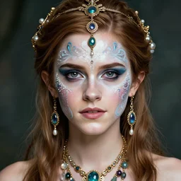 portrait of fairy, symmetric, facepaint facepaint facepaint, intricate jewelry, trending on artstation 4 k, high quality, in the style of karol bak and tom bagshaw, bust with face of emma watson, raytraced, subsurface scattering