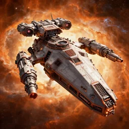 a dreadnaught spaceship from warhammer 4 0 k, floating through orange space nebula, giant guns, very beautiful digital art, artstation