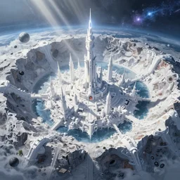 a highly detailed matte painting of futuristic fantasy city in an ancient meteor crater, crater lake, shining white city, aerial photography, ultrawide lens, by dan mumford, yusuke murata, makoto shinkai, ross tran, cosmic, heavenly, god rays, intricate detail, cinematic, 8 k, cel shaded, unreal engine, featured on artstation, pixiv