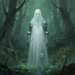 a ghostly knight in a swamp in the style of seb mckinnon fantasy art