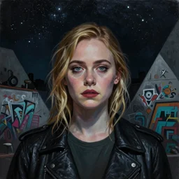 Elle Fanning in Prey and Dead Space picture by Sachin Teng, asymmetrical, dark vibes, Realistic Painting, starry sky, Organic painting, Matte Painting, geometric shapes, hard edges, graffiti, street art:2 by Sachin Teng:4