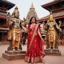 a nepali model in a kathmandu temple, posing for playboy photoshoot next to hindu gods