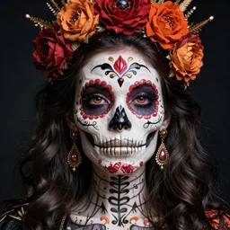 a gorgeous fancy skull lady by dan mumford and gil elvgren, sugar skull, hyperrealism, intricate details, exceptional beauty, fool, high contrast