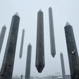 hundreds of incredibly tall obsidian obelisks floating in the sky in a snowstorm vhs footage