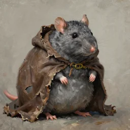 a obese gray sniveling rat person wearing a decaying brown cloak, color painting by james c christensen