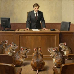 oil painting depiction of rodents in a courtroom putting the last human on trial