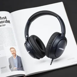 dishonest technical advertising for headphones by greg rutkowski and bose, high detail realistic magazine insert