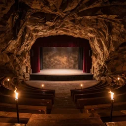 amphitheater inside a cave with a stage and stone steps!!!, lit by torch lights, surrounded by tiki torches