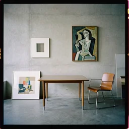 kodak portra 4 0 0, 8 k, wide flashlight shot of a highly detailed, britt marling style, award winning colour still - life portrait of a large minimalistic room with rough concrete walls, a picasso painting, a square wall picture is leaning on the wall, a 1 9 6 0 s table, bauhaus, a 1 9 6 0 s chair, bauhaus, some paintings