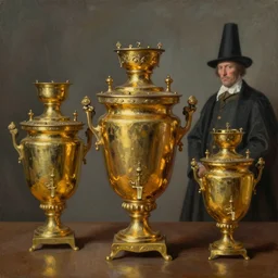 a beautiful painting of old golden samovars of russian empire, by hieronymus bosch and zdzislaw beksinski, character concept art, matte painting, heavy metal magazine, trending on artstation