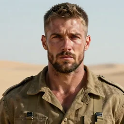 portrait of muscular, tired and alcoholic 3 0 - year - old model man with short darkblonde hair, serious sad look in his eyes, dirty beard, blue eyes, crying, wearing dirty soldier uniform, on the desert, hyper realistic face, beautiful eyes, character art, art by mark brooks, hyperdetailed, cryengine, trending on artstation, digital art