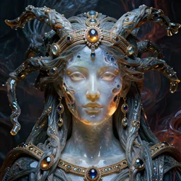 detailed portrait, high priestess, gorgon, regal molten glassworks face sculpted features, large eyes, statuesque, translucent skin, silk hair, tech noir, opulent, encrusted, jewel, refractions, chiaroscuro, organic impressionism, deep backdrop, natural colors, octane render
