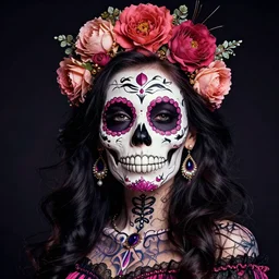 a gorgeous fancy skull lady by dan mumford and gil elvgren, highly detailed, sugar skull, hyperrealism, intricate details, exceptional beauty, fool, vector art, attractive, striking, lovely