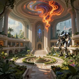 Futuristic hospital with ((((beautiful and magical garden)))). By Frank Lloyd Wright, concept art, inrincate, sharp focus, digital painting, unreal engine, cgsociety, neoclassical, mech, robot, fractal flame, cinematic, highly detailded