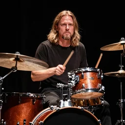 award winning photograph of a blonde man with a goatee and long hair plays an amazing drum set, dramatic lighting,
