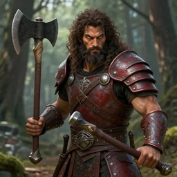Picture of an adult male warrior, muscular, baggy eyes, light bown iris, wielding an axe on each hand, long curly hair, messy beard, very dark brown skin!, black shirt underneath armor, mixed plate and leather armor, red colored, in the forest, ready for combat, high fantasy, by WLOP, Genzoman, Sakimichan and Frank Franzzeta, trending on artstation, artstationHD, artstationHQ, good, octane, cgsociety, HD, extremely detailed, detailed face!, HD 16k