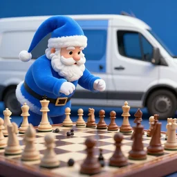 blue santa attacking a van full of chess people, digital art, highly detailed