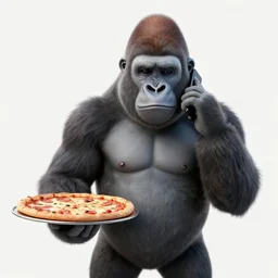 confused gorilla delivering pizza talking on cellphone
