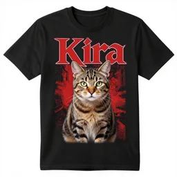 80s concert T-shirt design for heavy metal band “Kira” featuring tabby cat “Kira”, masterpiece, trending on artstation