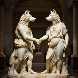 moody lighting in a beautiful museum of a marble statue of two cute humanoid furry anthro kemono wolf characters in ancient greek togas, shaking hands, in the style of caravaggio and bernini