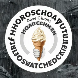 rorschach from watchmen holding an ice cream cone in the rain, by dave gibbons